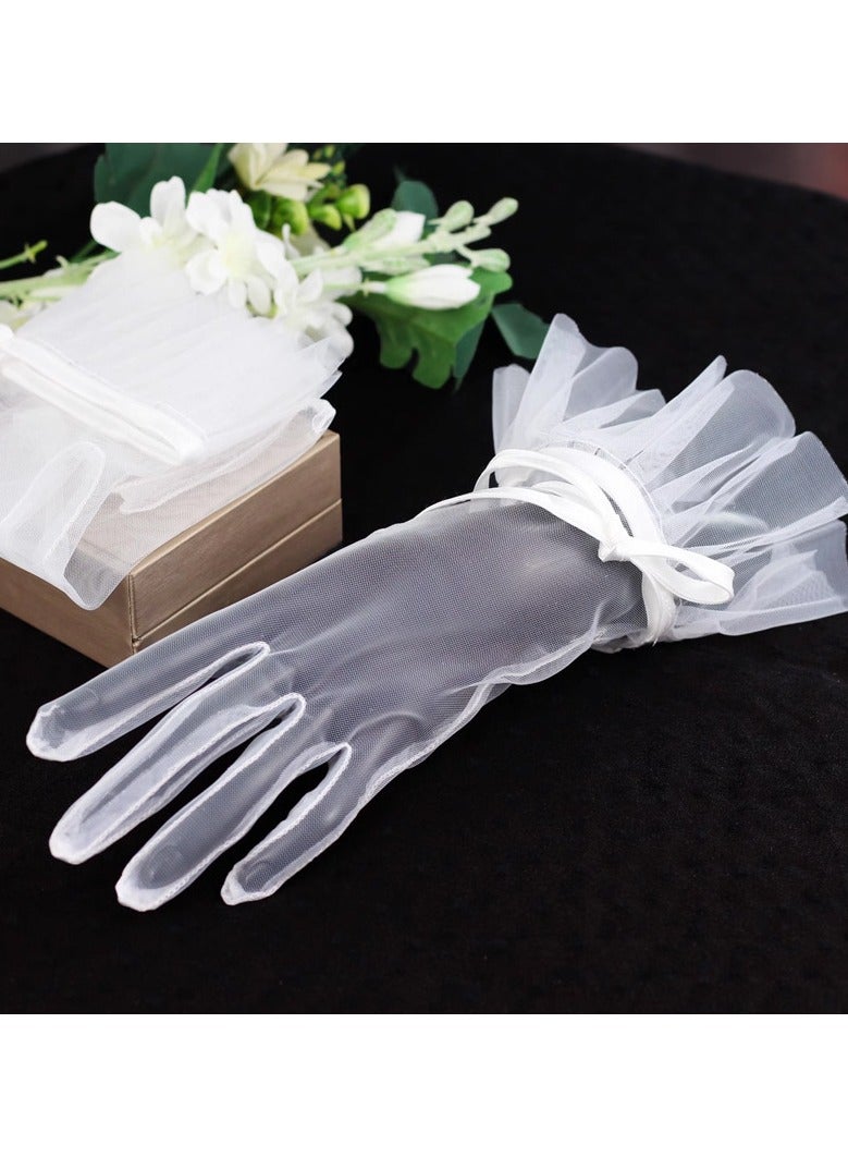 Women Gloves Ruffled Tulle Mesh Gloves Wedding Bridal Short Gloves Tea Party Mesh Gloves Wrist Length Gloves Party Dance Gloves for Wedding Opera Evening Party  - Image 4