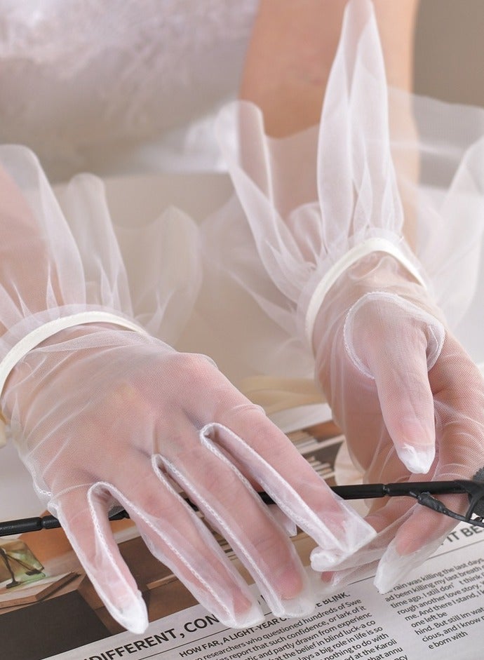 Women Gloves Ruffled Tulle Mesh Gloves Wedding Bridal Short Gloves Tea Party Mesh Gloves Wrist Length Gloves Party Dance Gloves for Wedding Opera Evening Party  - Image 3