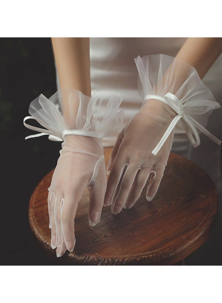 Women Gloves Ruffled Tulle Mesh Gloves Wedding Bridal Short Gloves Tea Party Mesh Gloves Wrist Length Gloves Party Dance Gloves for Wedding Opera Evening Party  - Image 1