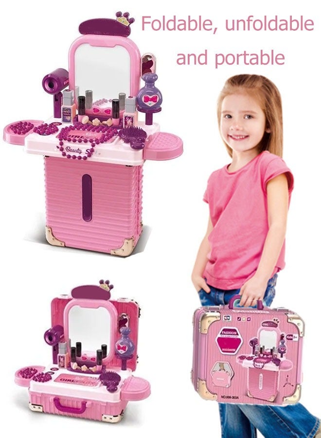 Pretend Toy For Role Playing 3-in-1 Foldable Makeup Suitcase Toy Makeup Kit With Storage Case Pink Color Portable, Durable Birthday Gift For Girls Aged 3-6 - Image 3