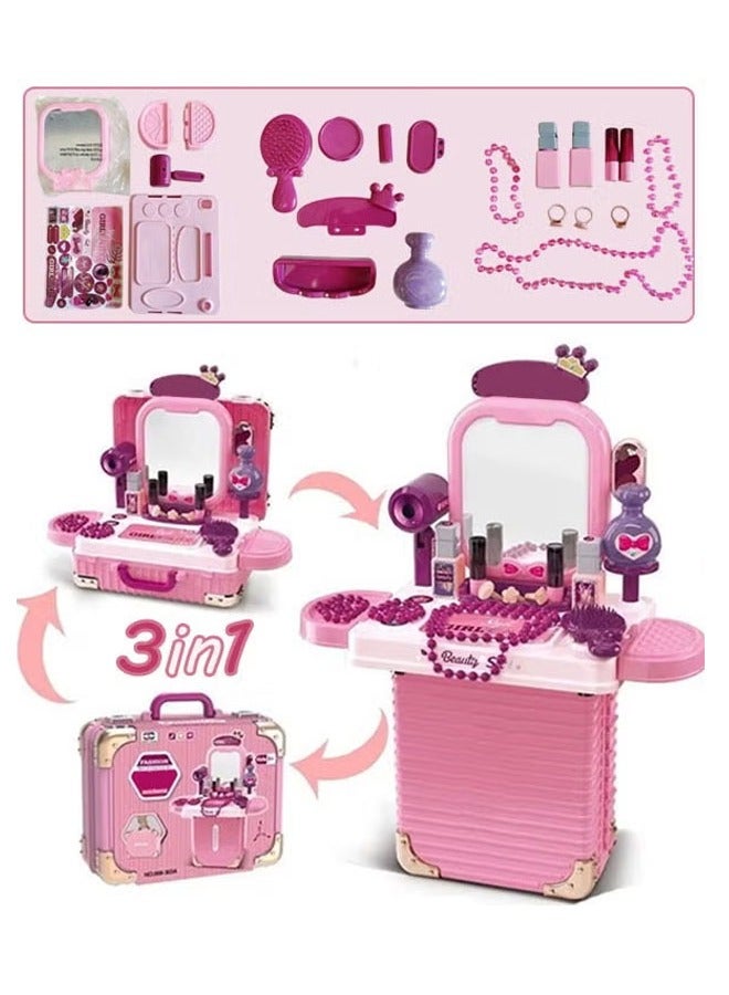 Pretend Toy For Role Playing 3-in-1 Foldable Makeup Suitcase Toy Makeup Kit With Storage Case Pink Color Portable, Durable Birthday Gift For Girls Aged 3-6 - Image 1