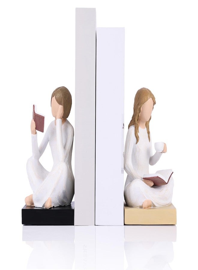 oliruim Reading Girl Bookends for Women, Resin Reading Woman Sculpture Bookends Set of 2, Aesthetic Bookshelf Decor for Home Office Library, Cute Feminine Book Ends for Book Lovers Gifts (Beige) - Image 1