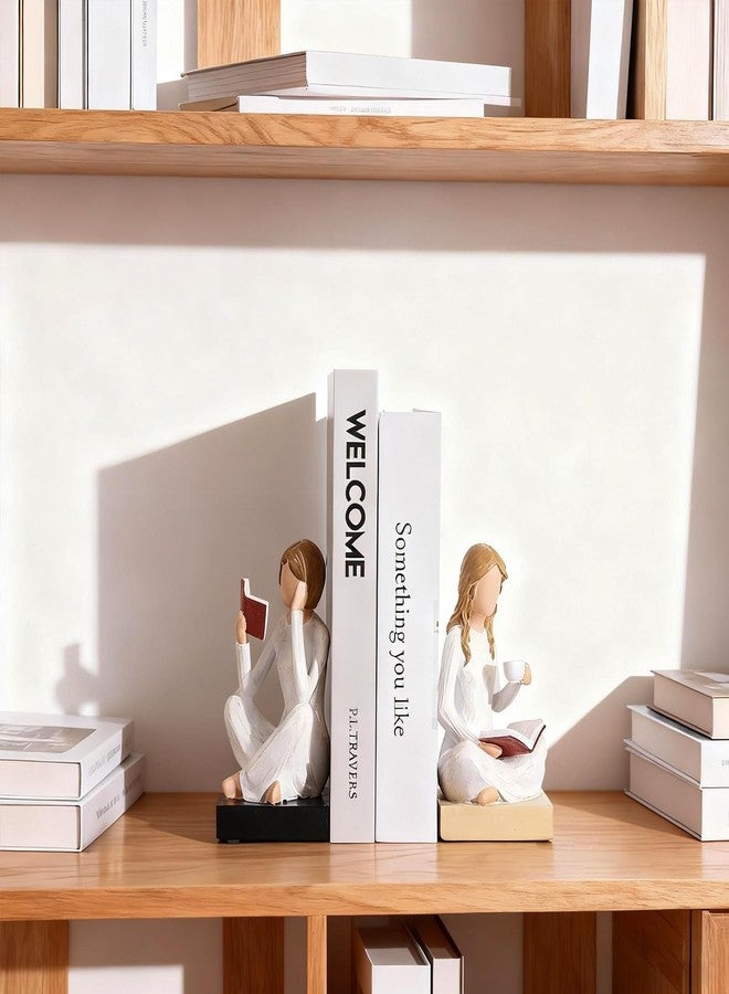 oliruim Reading Girl Bookends for Women, Resin Reading Woman Sculpture Bookends Set of 2, Aesthetic Bookshelf Decor for Home Office Library, Cute Feminine Book Ends for Book Lovers Gifts (Beige) - Image 2