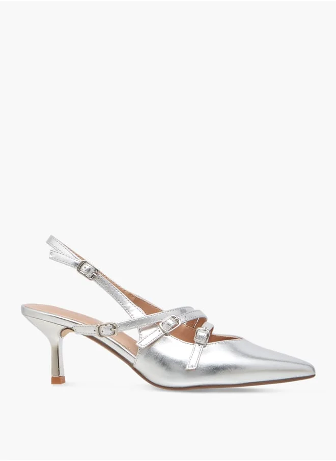 Celeste Women's Pointed Toe Sandals with Kitten Heels and Pin Buckle Closure