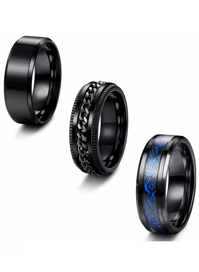 AuliceVerse Men 3 Piece Ring Set Black Stainless Steel Band Rings with Chain Blue Pattern Detail Versatile Daily Wear Jewelry Stackable Spinner Rings for Stress Relief - Image 1