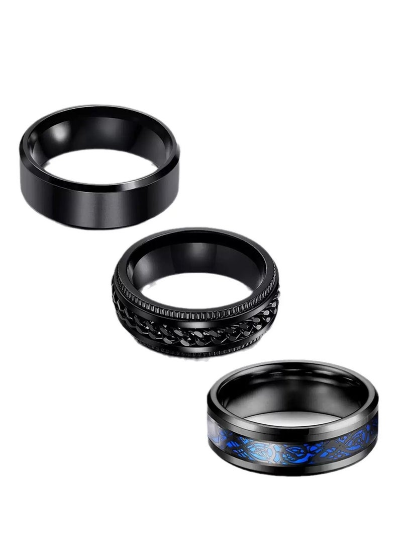 AuliceVerse Men 3 Piece Ring Set Black Stainless Steel Band Rings with Chain Blue Pattern Detail Versatile Daily Wear Jewelry Stackable Spinner Rings for Stress Relief - Image 2