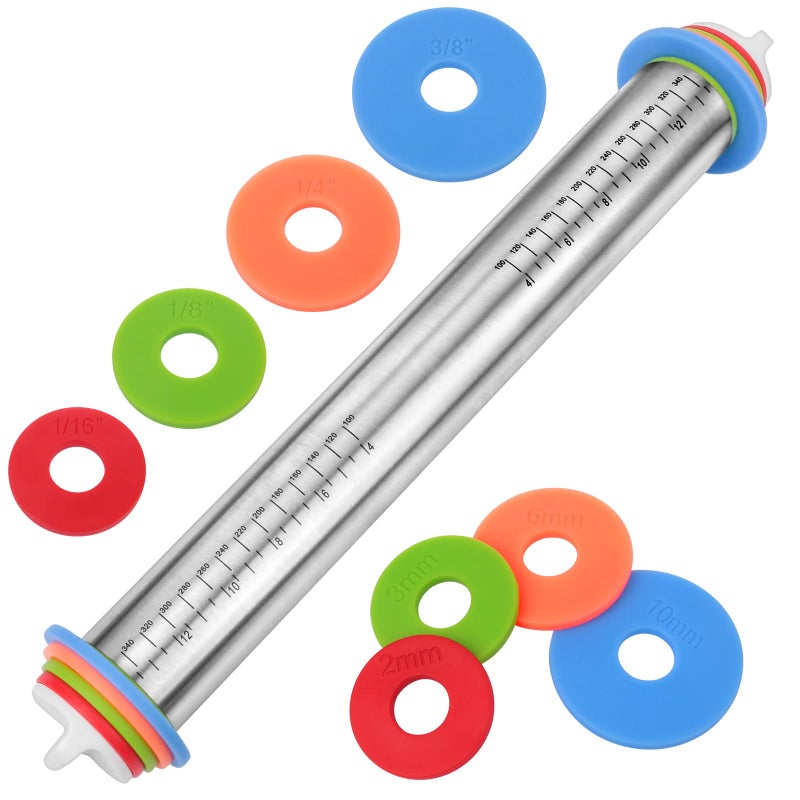 Adjustable Rolling Pin with Thickness Rings for Baking Stainless Steel Designs Dough Roller Pins for Cookie Decorating Baking Supplies Fondant Cake Baker