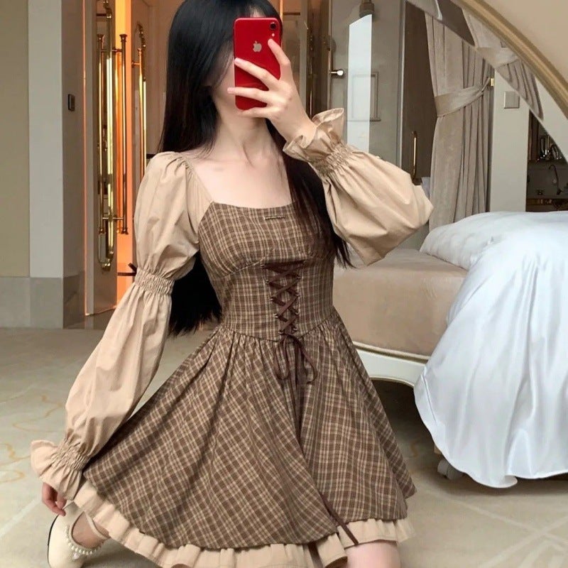 2024 New Summer Square Collar College-style Tight Waist Slimming dress Womens Fresh Style High Waist Sweet Short Skirt Long sleeve brown plaid (same color fabric and short sleeve)