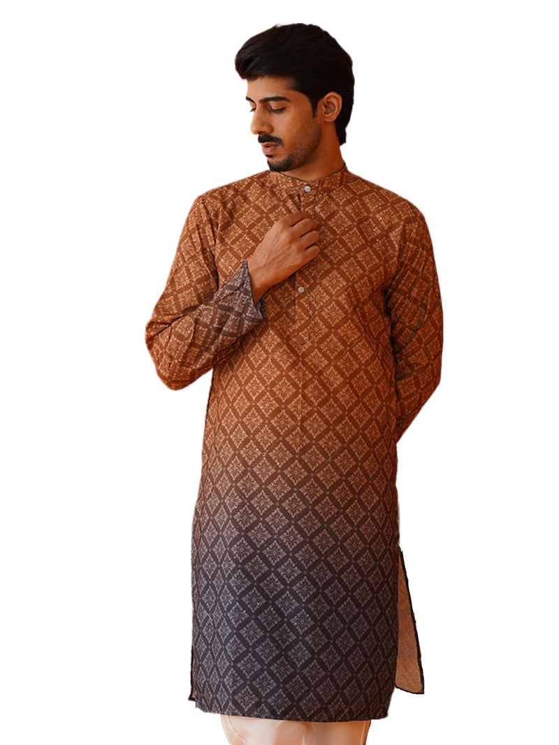 Jompers Brown Ombre Printed Kurta Pyjama Set for Men (S) - Image 1