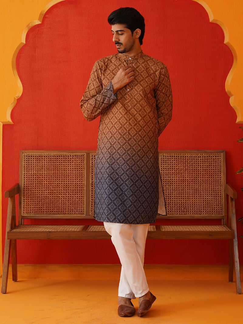 Jompers Brown Ombre Printed Kurta Pyjama Set for Men (S) - Image 4