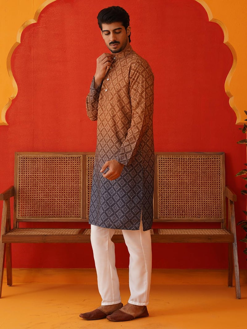 Jompers Brown Ombre Printed Kurta Pyjama Set for Men (S) - Image 3