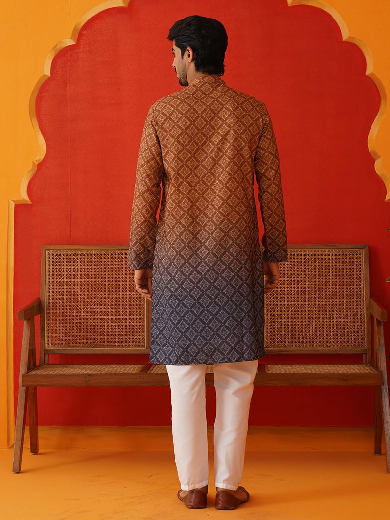 Jompers Brown Ombre Printed Kurta Pyjama Set for Men (S) - Image 2