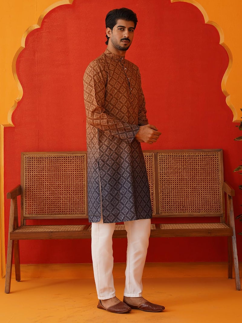 Jompers Brown Ombre Printed Kurta Pyjama Set for Men (S) - Image 5