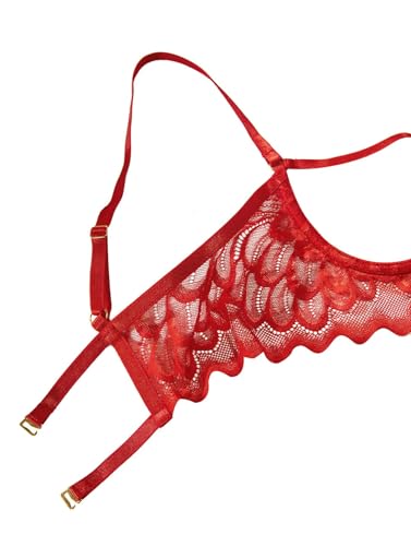 Lilosy Women's Sexy Underwire Floral Lace Sheer Bachelorette Lingerie Set See Through Bra and Panty 2 Piece Red Large - Image 4