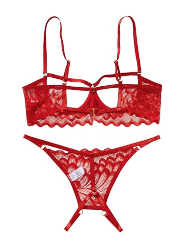 Lilosy Women's Sexy Underwire Floral Lace Sheer Bachelorette Lingerie Set See Through Bra and Panty 2 Piece Red Large - Image 3