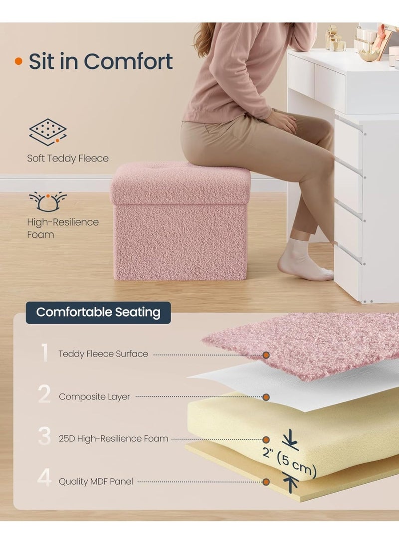 Small Folding Storage Ottoman, Foot Rest Stool, 12.2 x 16.1 x 12.2 Inches, Ottoman pouf with Storage, Load up to 286 lb, for Living Room, Bedroom, Dorm, Jelly Pink - Image 3