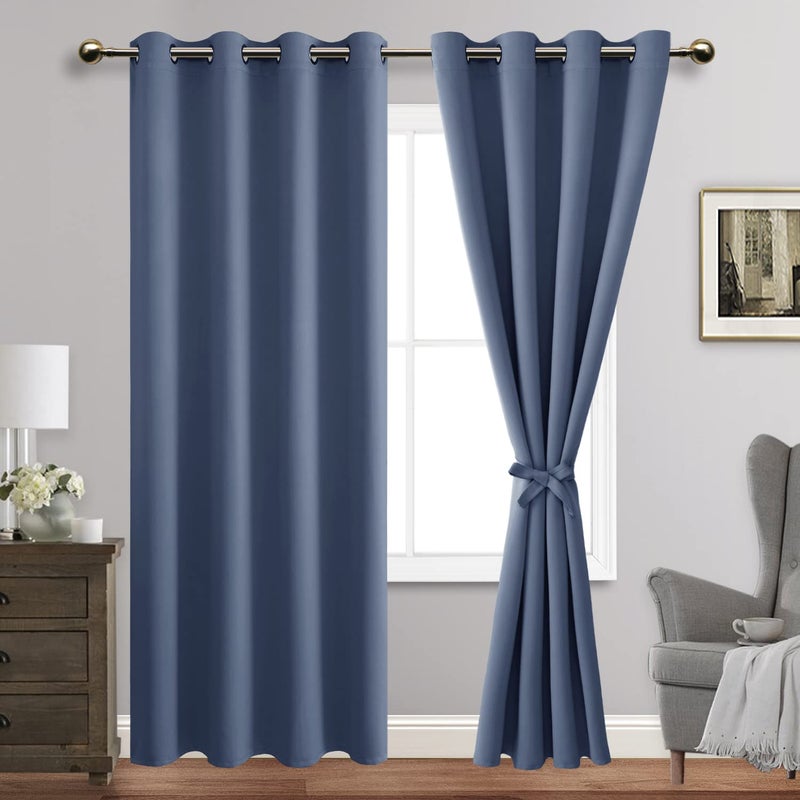 JIUZHEN Dusty Blue Blackout Curtains with Tiebacks Thermal Insulated  Light Blocking and Noise Reducing Grommet Curtains for Bedroom and Living Room  Set of 2 Window Curtain Panels  60x63 Inch Length - Image 4