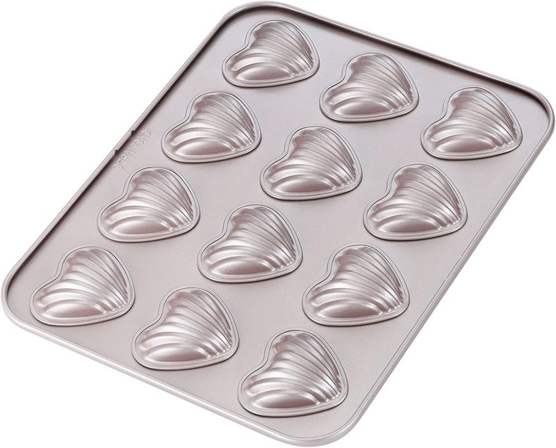 CHEFMADE Madeleine Cake Mould, 12-Cavity Nonstick Heart-Shaped Madeleine Baking Utensils Shello Madeline for Oven Baking (Champagne Gold) - Image 1
