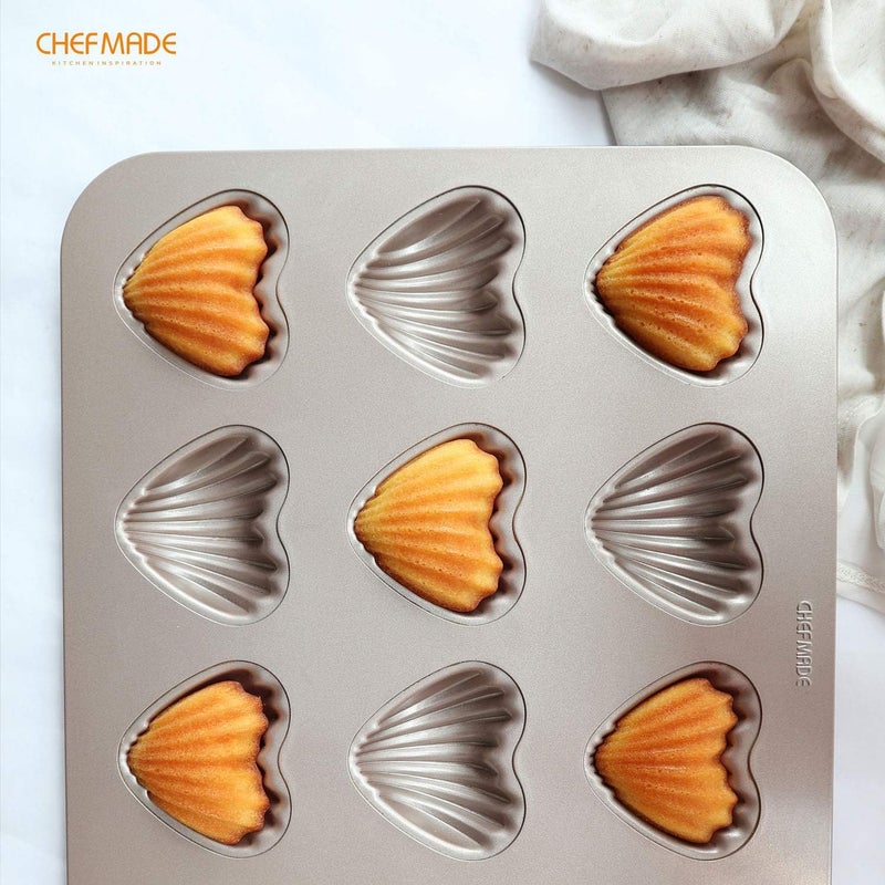 CHEFMADE Madeleine Cake Mould, 12-Cavity Nonstick Heart-Shaped Madeleine Baking Utensils Shello Madeline for Oven Baking (Champagne Gold) - Image 4