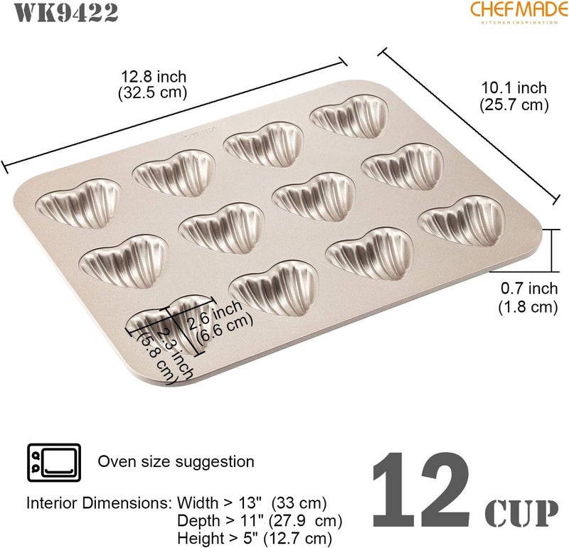 CHEFMADE Madeleine Cake Mould, 12-Cavity Nonstick Heart-Shaped Madeleine Baking Utensils Shello Madeline for Oven Baking (Champagne Gold) - Image 2
