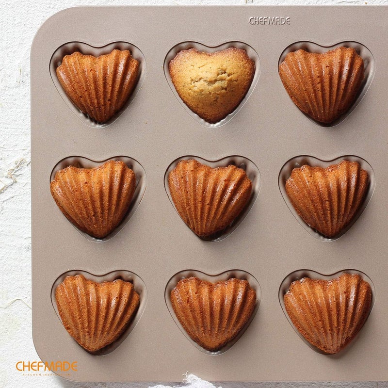CHEFMADE Madeleine Cake Mould, 12-Cavity Nonstick Heart-Shaped Madeleine Baking Utensils Shello Madeline for Oven Baking (Champagne Gold) - Image 3