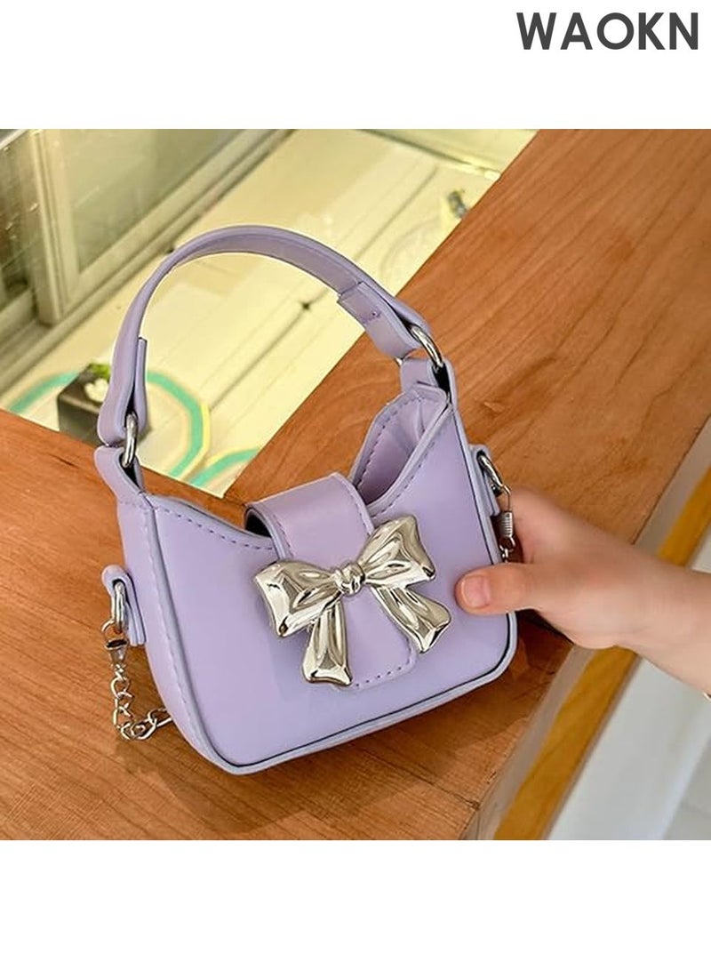 WAOKN Mini Crossbody Purse for Little Girls - Adorable Bow Magnetic Buckle Handbag with Adjustable Strap - Cute Shoulder Bag for Kids Ages 4-12 - Perfect Birthday Gift, Party Favor & Dress-Up Accessory (Purple) - Image 4