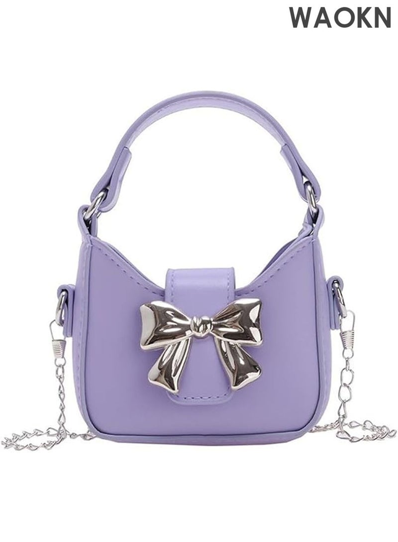 WAOKN Mini Crossbody Purse for Little Girls - Adorable Bow Magnetic Buckle Handbag with Adjustable Strap - Cute Shoulder Bag for Kids Ages 4-12 - Perfect Birthday Gift, Party Favor & Dress-Up Accessory (Purple) - Image 1
