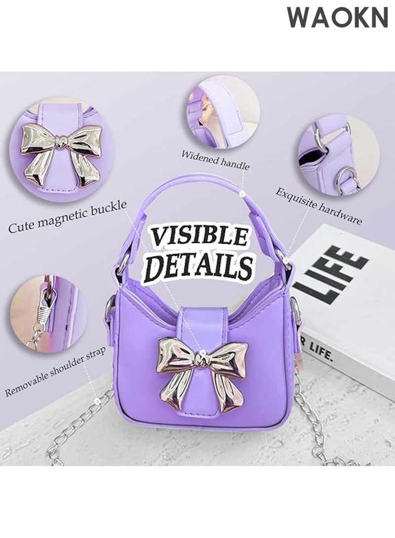 WAOKN Mini Crossbody Purse for Little Girls - Adorable Bow Magnetic Buckle Handbag with Adjustable Strap - Cute Shoulder Bag for Kids Ages 4-12 - Perfect Birthday Gift, Party Favor & Dress-Up Accessory (Purple) - Image 2