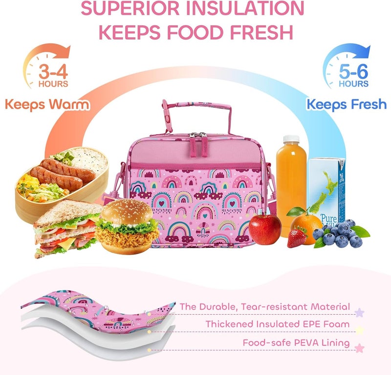 Vaschy Lunch Box Bag for Kids, Reusable Insulated Lunch Box Containers Coolers for Toddler Boys and Girls with Detachable Shoulder Strap for Daycare School Pink Rainbows - Image 3