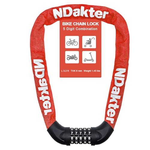 NDakter Bike Lock, 5 Digit Combination Heavy Duty Anti Theft Bicycle Chain Lock, 2.62/3.2/4.27/5/6Ft Long, High Security Resettable, Suitable for Bike, Scooter, Door, Gate, Fence-4/6mm Thick - Image 1