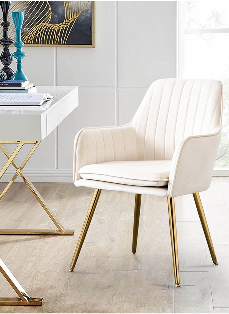 Taimi Modern Accent Dining Chair, Velvet Dining Chair, Home Office Chair, Desk Chair, Upholstered Living Room Chair, Living Room Bedroom Armchair with Golden Finished Metal Legs, White 