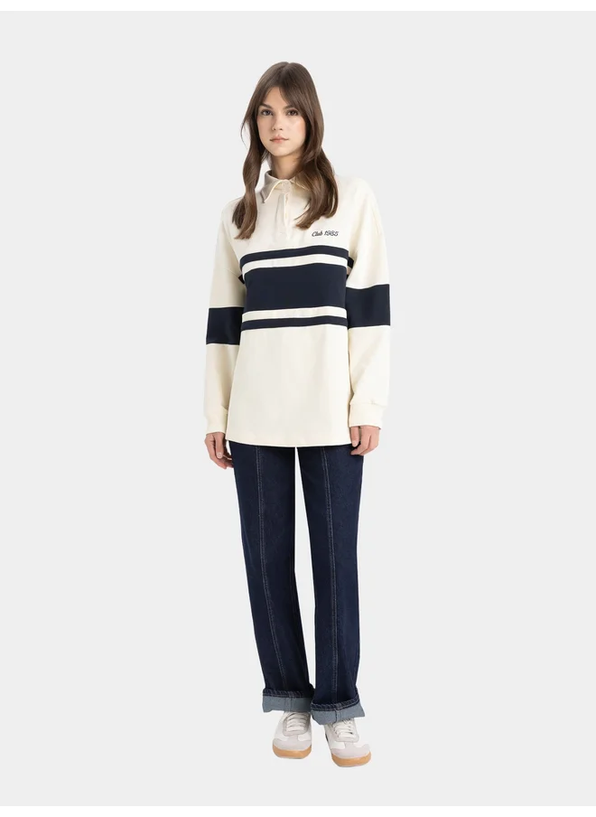 DeFacto DeFacto Women Regular Fit Beige Striped Long Sleeve TShirt