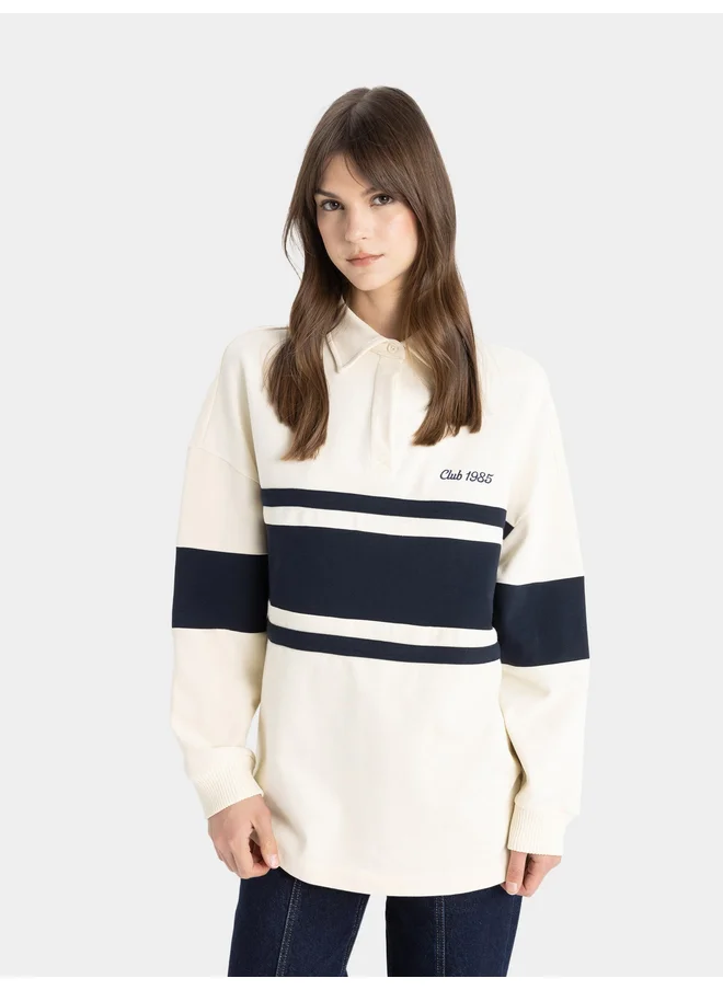DeFacto DeFacto Women Regular Fit Beige Striped Long Sleeve TShirt