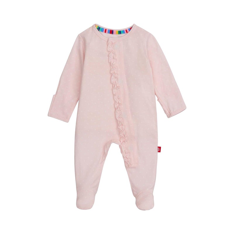 Magnetic Me Girls Modal Magnetic Baby Footie Pajamas | Silky Soft Modal Fabric | Pin Dot Pink Ruffle | 18-24 Months - Image 1