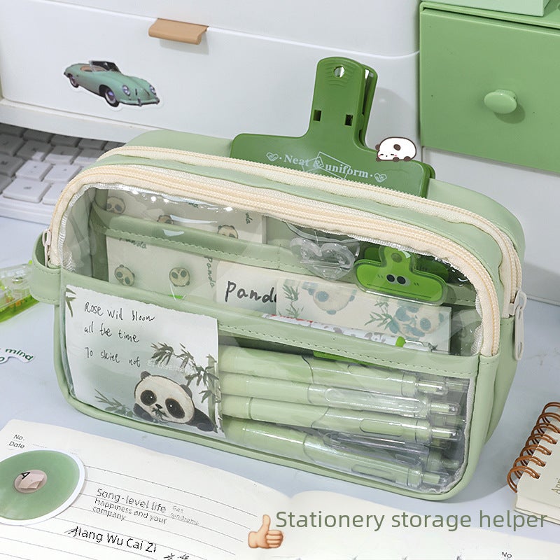 Capacity Transparent Three-layer Handheld Pencil Bag Girls' Version Morandi Style Junior School Students Pencil Case School - Image 3