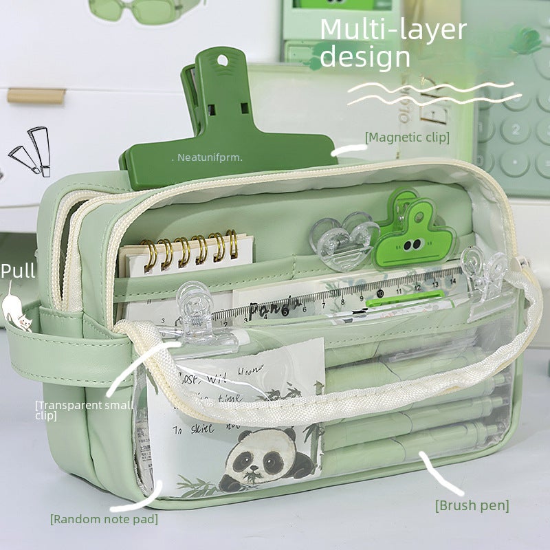 Capacity Transparent Three-layer Handheld Pencil Bag Girls' Version Morandi Style Junior School Students Pencil Case School - Image 2