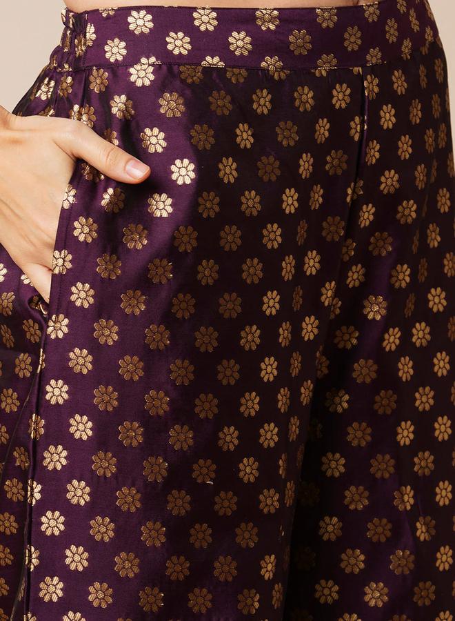 Globus Women Purple Woven Design Boat Neck Flared Sleeves Poncho Top & Floral Gold Foil Print Partially Elasticated Ankle Length Mid-Rise Pants Fusion Co-Ord Set - Image 5