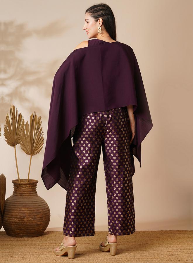 Globus Women Purple Woven Design Boat Neck Flared Sleeves Poncho Top & Floral Gold Foil Print Partially Elasticated Ankle Length Mid-Rise Pants Fusion Co-Ord Set - Image 3