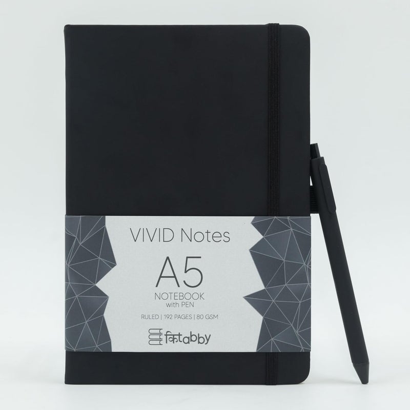 Kitabby – VIVID Notes with Pen | A5 Size | Hard Bound Notebook with Elastic Band & Pen Loop | 192 Pages | 80gsm Natural Shade Paper | Polymer Coated Paper Cover Material – (Black) - Image 1