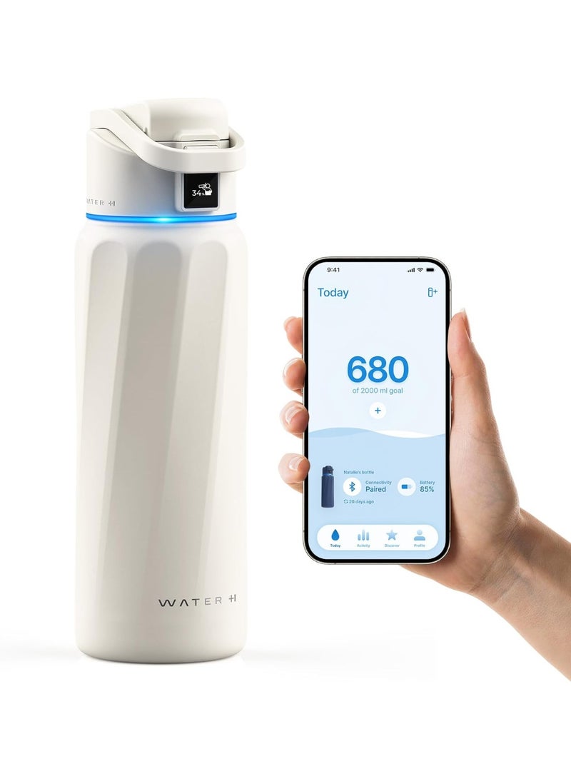 ووتر اتش زجاجة WATERH BOOST الذكية مع تذكير للشرب وتتبع الاستهلاك – زجاجة معزولة بتقنية الجدار المزدوج من الفولاذ المقاوم للصدأ، بفوهة عريضة وسعة 32 أونصة، مثالية كهدية (باللون الأبيض). - Image 1