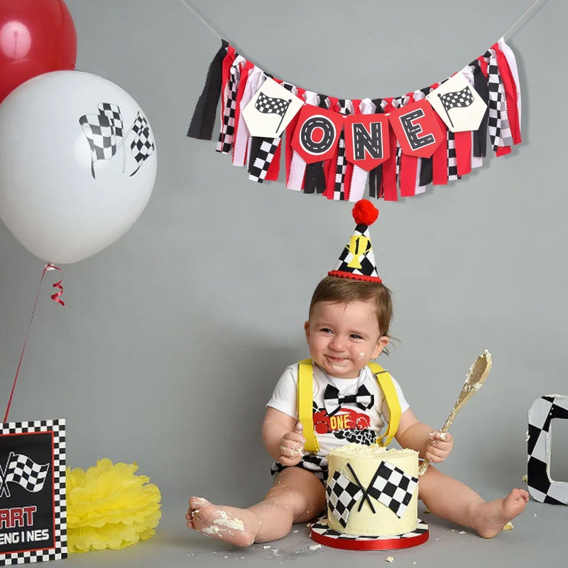TERJIO Race Car High Chair Banner - Fast One Birthday Party Decorations,Red Vintage Racing 1st Birthday Highchair Banner,Race Car Boy Smash Cake Banner,Racing Garland With Black And White Checkered Flags - Image 4