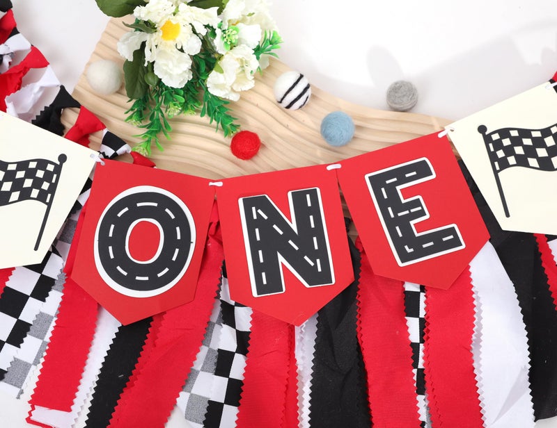 TERJIO Race Car High Chair Banner - Fast One Birthday Party Decorations,Red Vintage Racing 1st Birthday Highchair Banner,Race Car Boy Smash Cake Banner,Racing Garland With Black And White Checkered Flags - Image 5