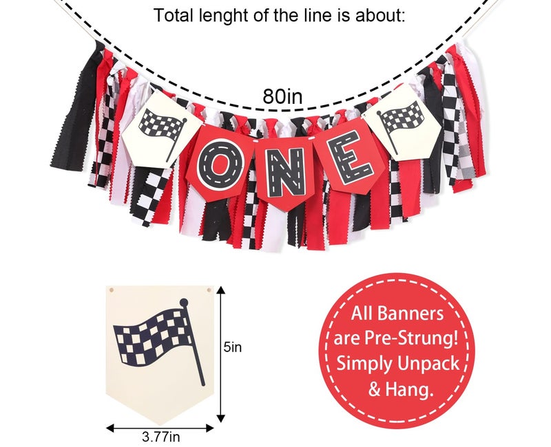 TERJIO Race Car High Chair Banner - Fast One Birthday Party Decorations,Red Vintage Racing 1st Birthday Highchair Banner,Race Car Boy Smash Cake Banner,Racing Garland With Black And White Checkered Flags - Image 2