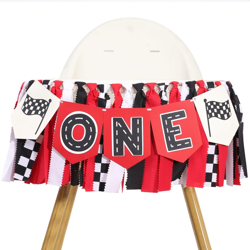 TERJIO Race Car High Chair Banner - Fast One Birthday Party Decorations,Red Vintage Racing 1st Birthday Highchair Banner,Race Car Boy Smash Cake Banner,Racing Garland With Black And White Checkered Flags - Image 1