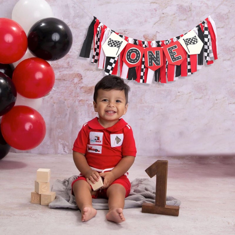 TERJIO Race Car High Chair Banner - Fast One Birthday Party Decorations,Red Vintage Racing 1st Birthday Highchair Banner,Race Car Boy Smash Cake Banner,Racing Garland With Black And White Checkered Flags - Image 3