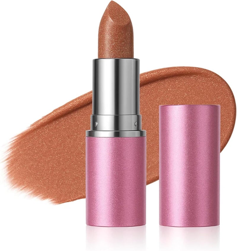 Shimmer Nude Brown Lipstick Metallic Gloss Long Lasting Moisturizing Smooth Hydrating Creamy Lip Color Stick Makeup Cosmetic Lightweight NonSticky 06 Metallic Brown Tone