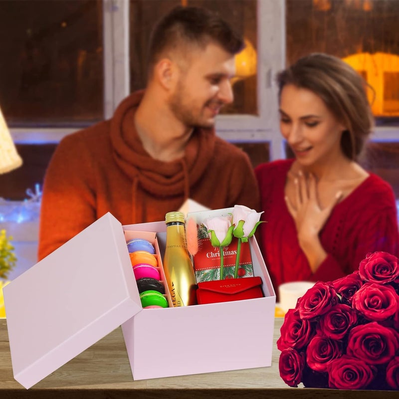 CHARMGIFTBOX 5 مجموعة من صناديق الهدايا المربعة الكبيرة القابلة للتكديس مع أغطية للهدايا، مقاسات من 4 إلى 8 بوصة، صندوق هدايا وردي قابل للتكديس مع بطاقة شريط لحفلات الزفاف وأعياد الميلاد وعيد الحب وعيد الميلاد. - Image 5