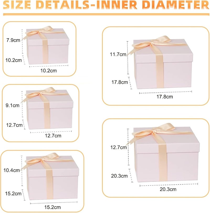CHARMGIFTBOX 5 مجموعة من صناديق الهدايا المربعة الكبيرة القابلة للتكديس مع أغطية للهدايا، مقاسات من 4 إلى 8 بوصة، صندوق هدايا وردي قابل للتكديس مع بطاقة شريط لحفلات الزفاف وأعياد الميلاد وعيد الحب وعيد الميلاد. - Image 2