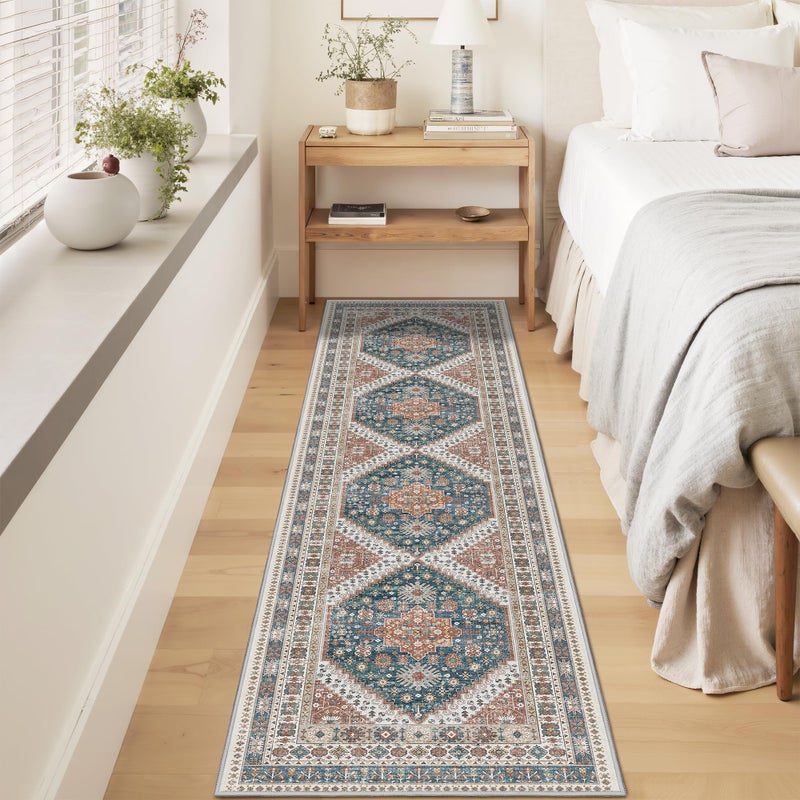 Restydon Runner Rug 2x8 Runners for Hallways Non Slip Washable, Vintage Hallway Runner Rugs for Living Room, Low Pile Soft Hallway Rug for Kitchen Bedroom Laundry Room Rug(Blue/Red,2'x8') - Image 4