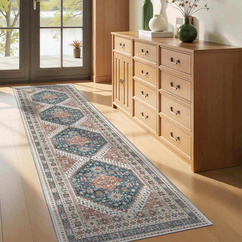 Restydon Runner Rug 2x8 Runners for Hallways Non Slip Washable, Vintage Hallway Runner Rugs for Living Room, Low Pile Soft Hallway Rug for Kitchen Bedroom Laundry Room Rug(Blue/Red,2'x8') - Image 2